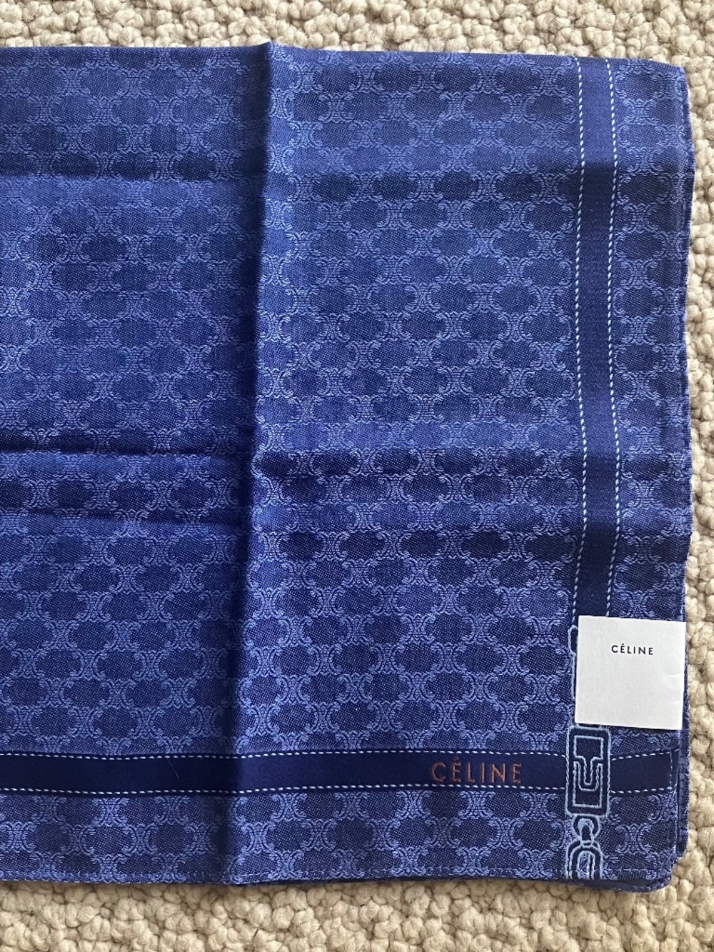New Vintage CELINE Handkerchief Scarf Pocket Square Classic Macadam Logo Blue